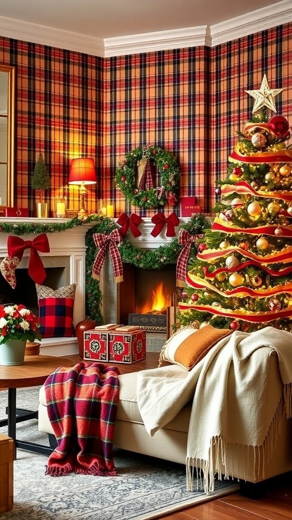 A stylish living room with preppy Christmas wallpaper, decorated with ornaments and a Christmas tree.